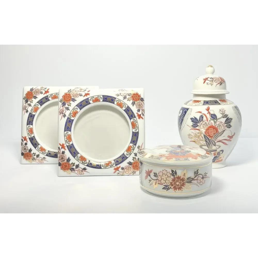 1980s Vintage Japanese Imari 4-Piece Home Decor Set Ginger Jar Picture Frame Box
